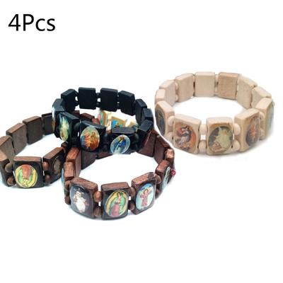 4pc Catholic  Christian Supplies Wooden Icon Elastic Bead Bracelet Gift