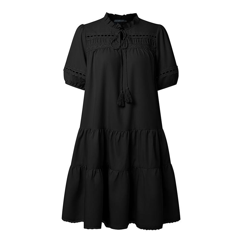 ZANZEA Women Casual Round Neck Short Sleeve Lace Patchwork Dress