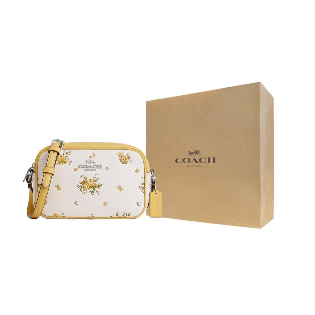 Coach Jamie 19 Floral Print Pebble Leather Camera Bag Women Shoulder Bag Yellow White CAQ38-SVCAH