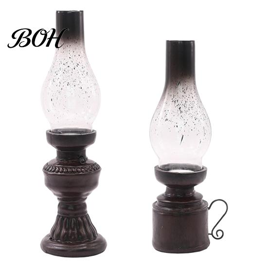 Oil Lamp Candle Holder Miniature Kerosene Resin Holder, Retro Figurine with Smoked Softly Diffused Candlelight Glass Shade & Carved Base, Tabletop