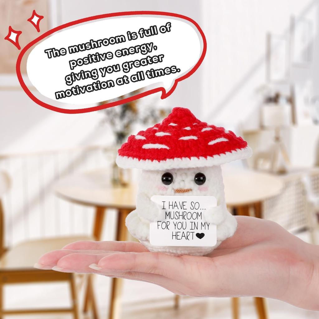 Crochet Positive Energy Mushroom Hug Pocket Doll Mini Handmade Plush Knitted Plant Ornament Home Room Decoration Christams Gift