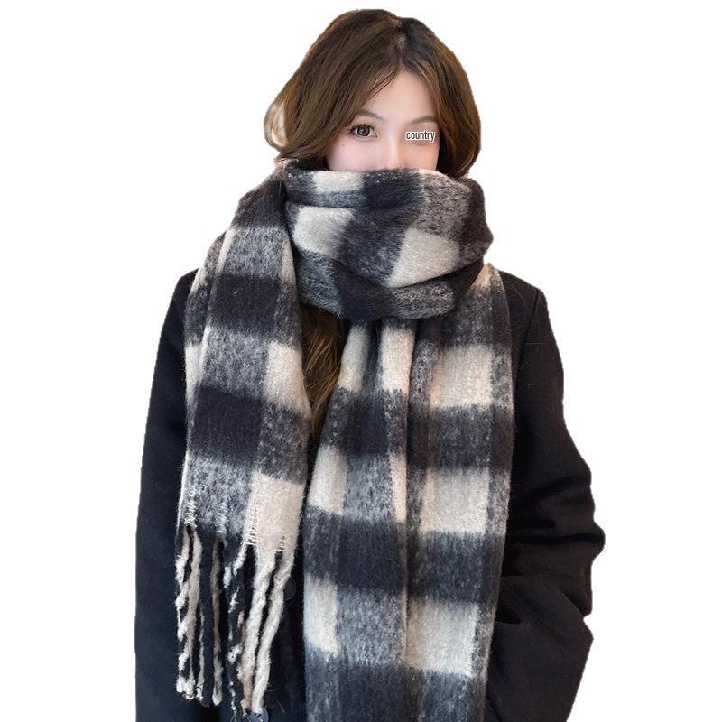 Women's Winter Mohair Plaid Scarf - Thick, Warm & Trendy Korean Style Neck Gaiter