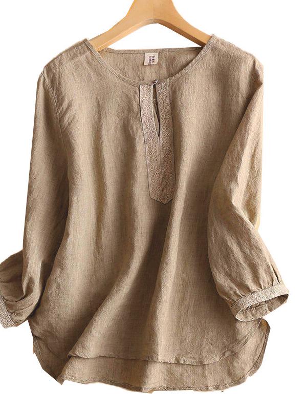 Women's Plus Size Retro Cotton Linen Round Neck Mid-Sleeve Top for Spring/Summer