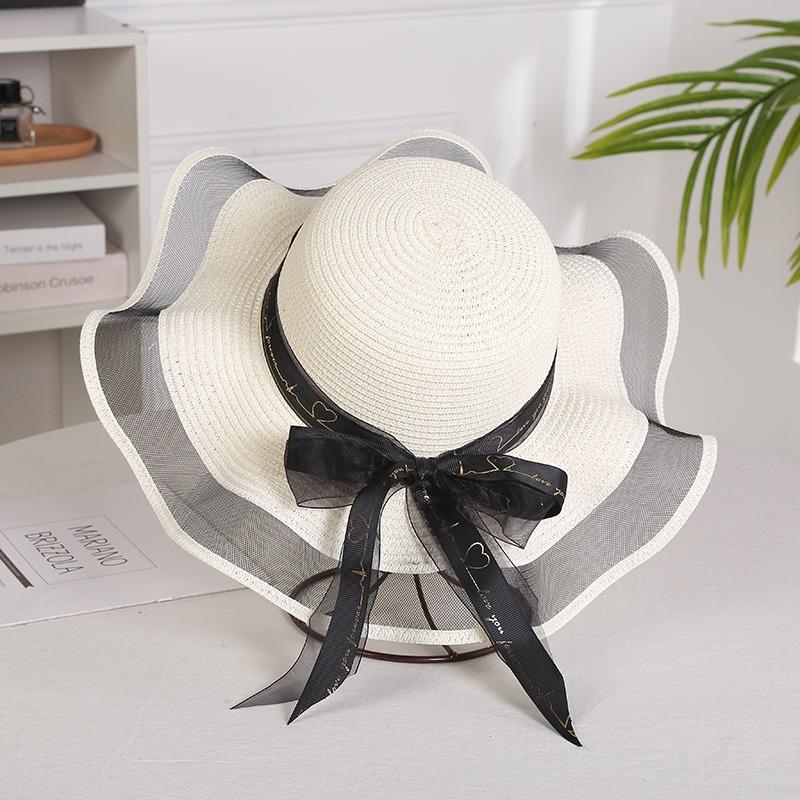 Summer Bow Sun Hat Female, Seaside Beach Vacation Sun Hat Outdoor Big Brim Sun Hat Sweet Straw Hat