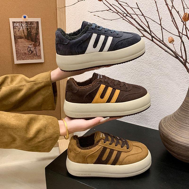 Leather women's fleece thickened thermal cotton shoes lamb wool shoes platform casual sports shoes board shoes