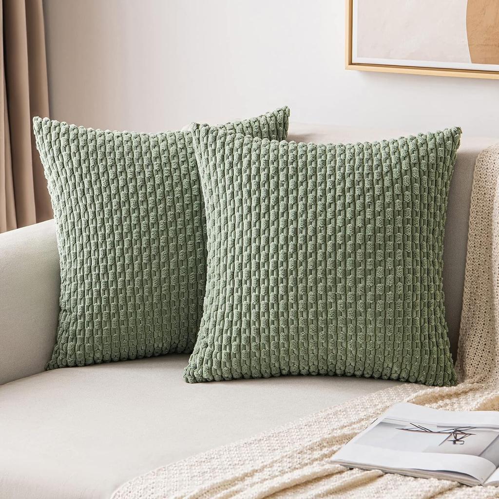 Sage Green Corduroy Striped Throw Pillow Covers 18x18 Soft Square Cushion Cases for Couch Living Room Bed Sofa Decor