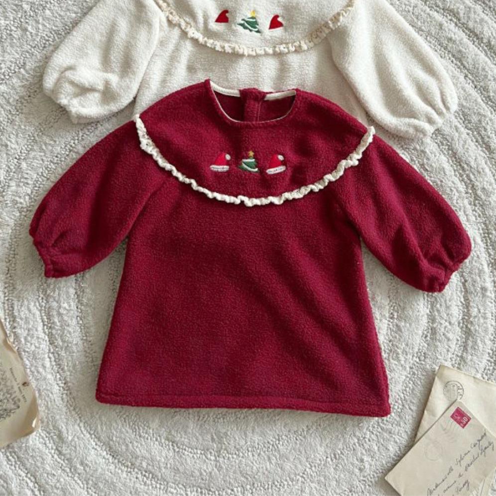 Infant Girls' Winter Lace Plush Princess Dress with Christmas Embroidery