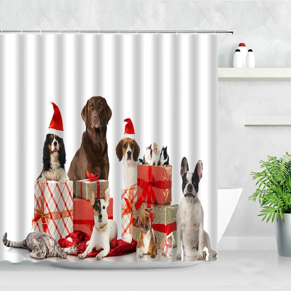 Funny Animal Christmas Dog Shower Curtains Chic Cute Pet New Year Xmas Bath Curtain With Hooks Waterproof Fabric Bathroom Decor