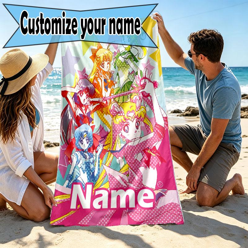 Custom Name Personalized Sailor Moon Print Beach Towel, for Trip Camping Beach Party Home Decor, Birthday Gift for Family & Friends