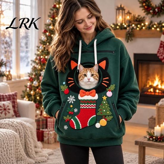 Pet Carrier Hoodie Unisex Pouch Christmas Hoodie, Cute Dog Cat Hooded Sweatshirt with Warm Kangaroo Graphic, Cozy Fleece Lined Animal Holder Pullover