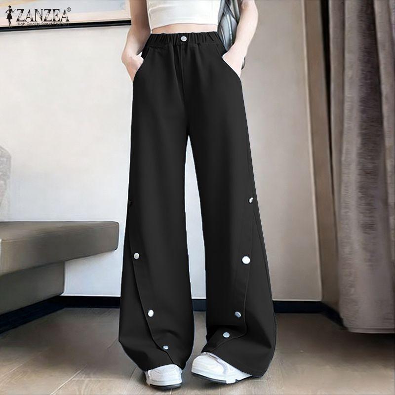ZANZEA Women Casual Elastic Waist Solid Color Loose Long Pants