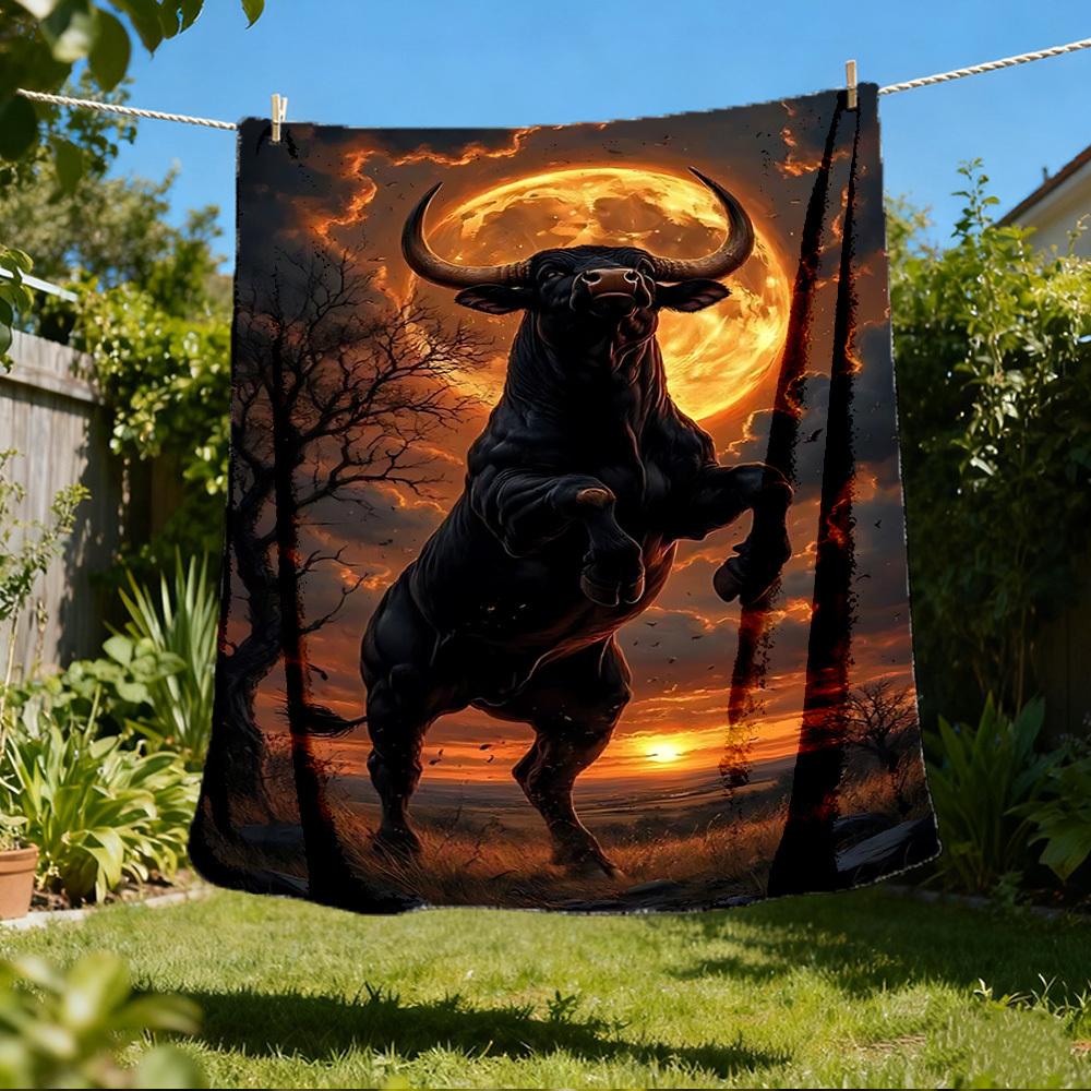 1pc Bull Sunset Landscape Throw Blanket Polyester Fiber, Lightweight Flannel, Soft & Warm, All Season Use for Outdoor, Camping Digital Print