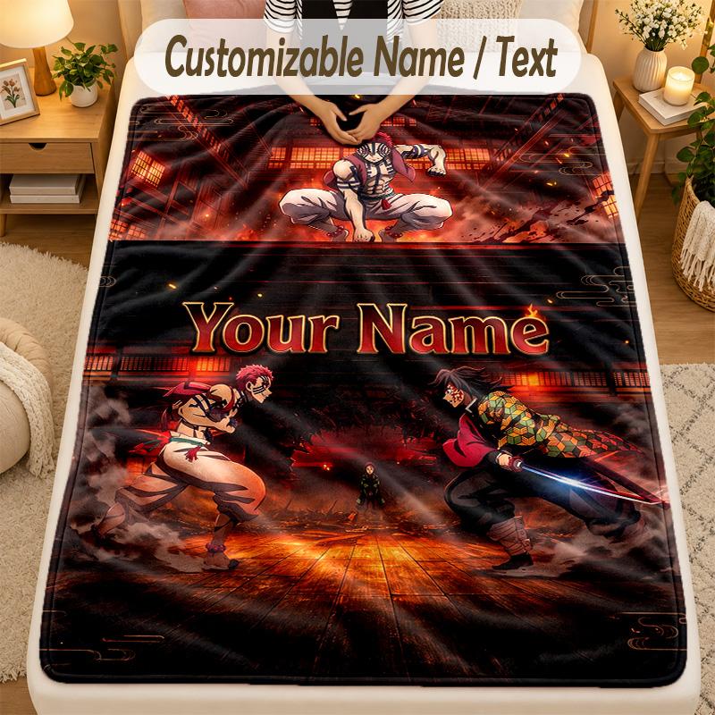 Flannel BlanketDemon Slayer Custom Name Text Personalized Soft Warm Throw Blanket Home Decor Gift