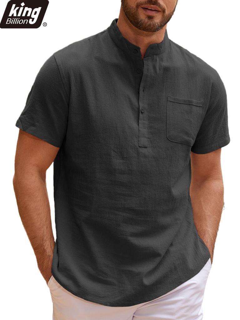 Summer New Men's Lightweight Cotton Linen Short Sleeve Henley Neck T-shirt - Breathable Casual Basic Style Solid Color Tops