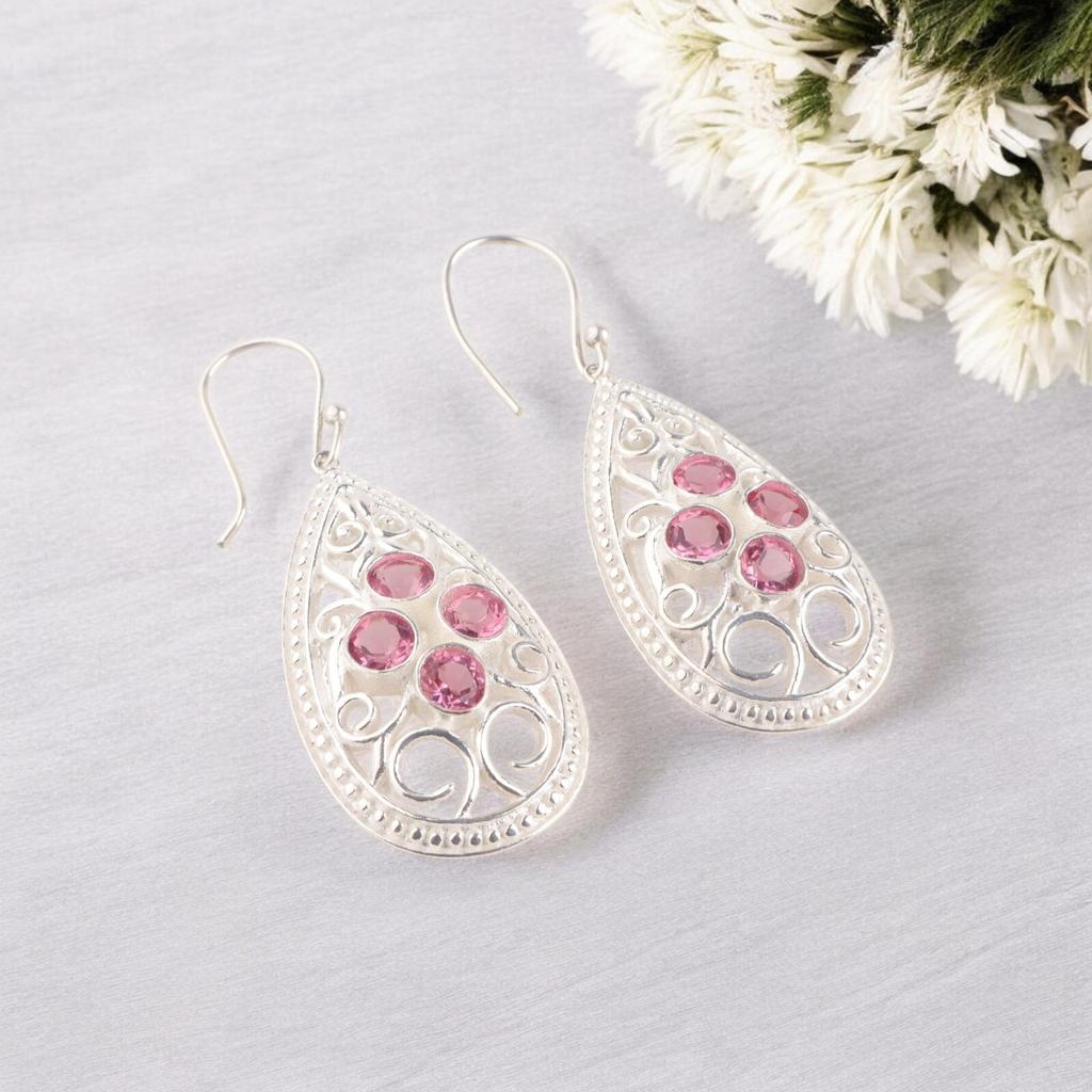 Pink Tourmaline Gemstone 925 Stamped Silver Handmade Earrings 2.25" Gift For Mom CE-17-10