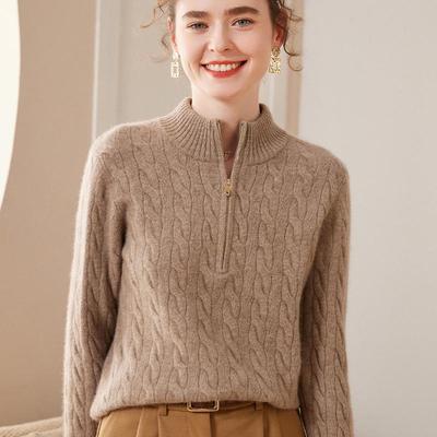 Women's Japanese Style Cashmere High Neck Zipper Sweater - Thick Knit Wool Base Layer for Autumn/Winter