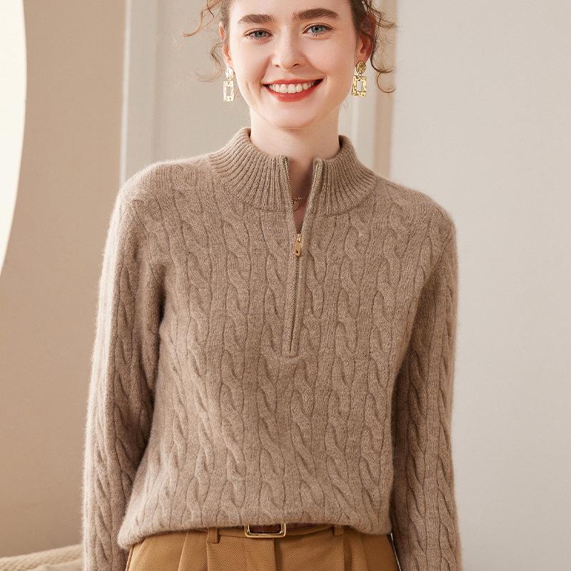 Women's Japanese Style Cashmere High Neck Zipper Sweater - Thick Knit Wool Base Layer for Autumn/Winter