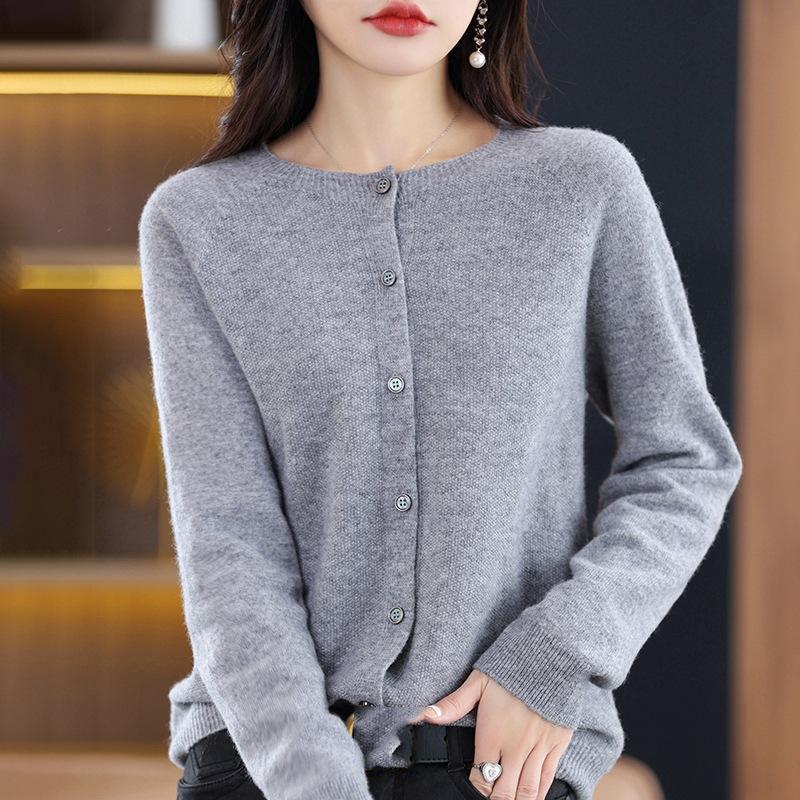 Long Sleeve Merino Woolen Sweaters Cashmere Cardigan Spring Autumn Women O-Neck Knitwear Tops Clothing Fashion Basic Tops