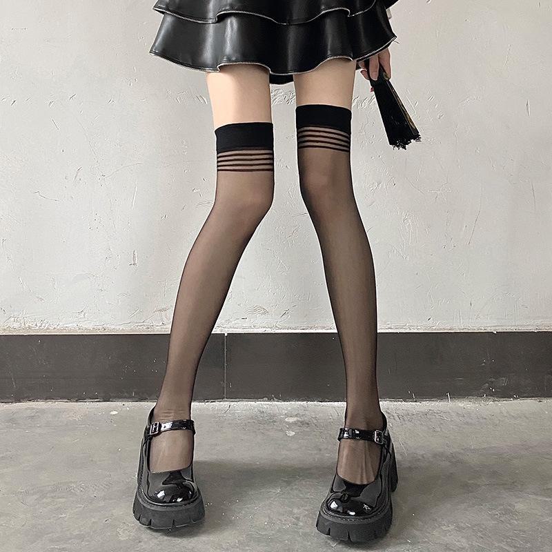Elegant Transparent Stockings: Women's Black and White Thigh-Highs