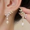 Crystal Zircon Earrings Leaves Pearl Dangle Earrings Elegant Leaf Flower Earrings Bride