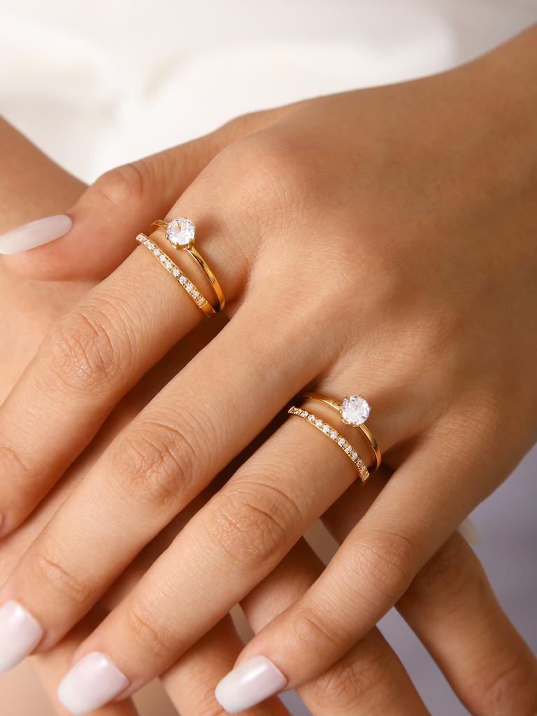Japan And South Korea Niche Design Light Luxury Temperament Stainless Steel 18K Gold-Plated Diamonds Double Layer Ring Female