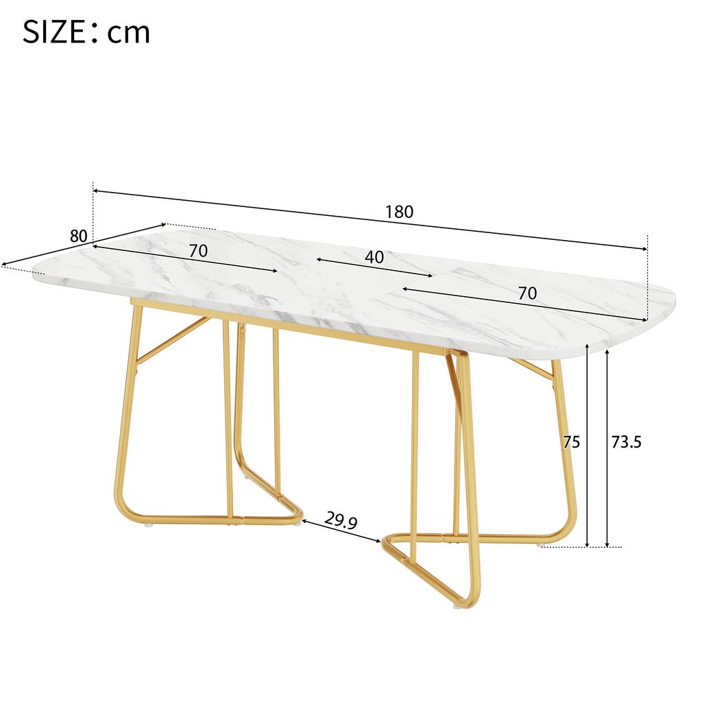 White Extendable Dining Table with Marble Structure, Gilded Metal Table Legs, 140/180*80 Cm, Exquisite Luxury, Rectangular, Suitable for 4–6 Persons