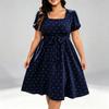Elegant Retro Polka Dot Tie-up Square Neck Plus Size Dress with Waist-cinching Big Hem Skirt