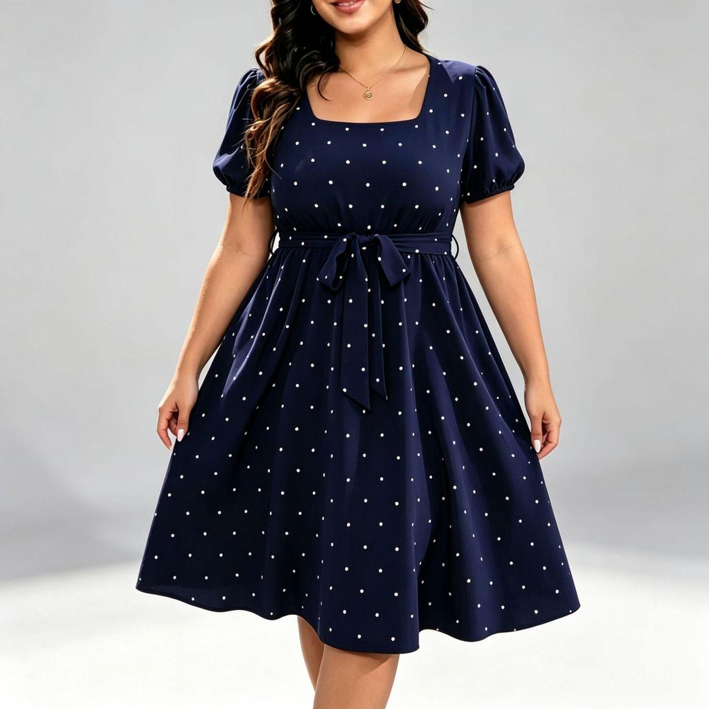 Elegant Retro Polka Dot Tie-up Square Neck Plus Size Dress with Waist-cinching Big Hem Skirt