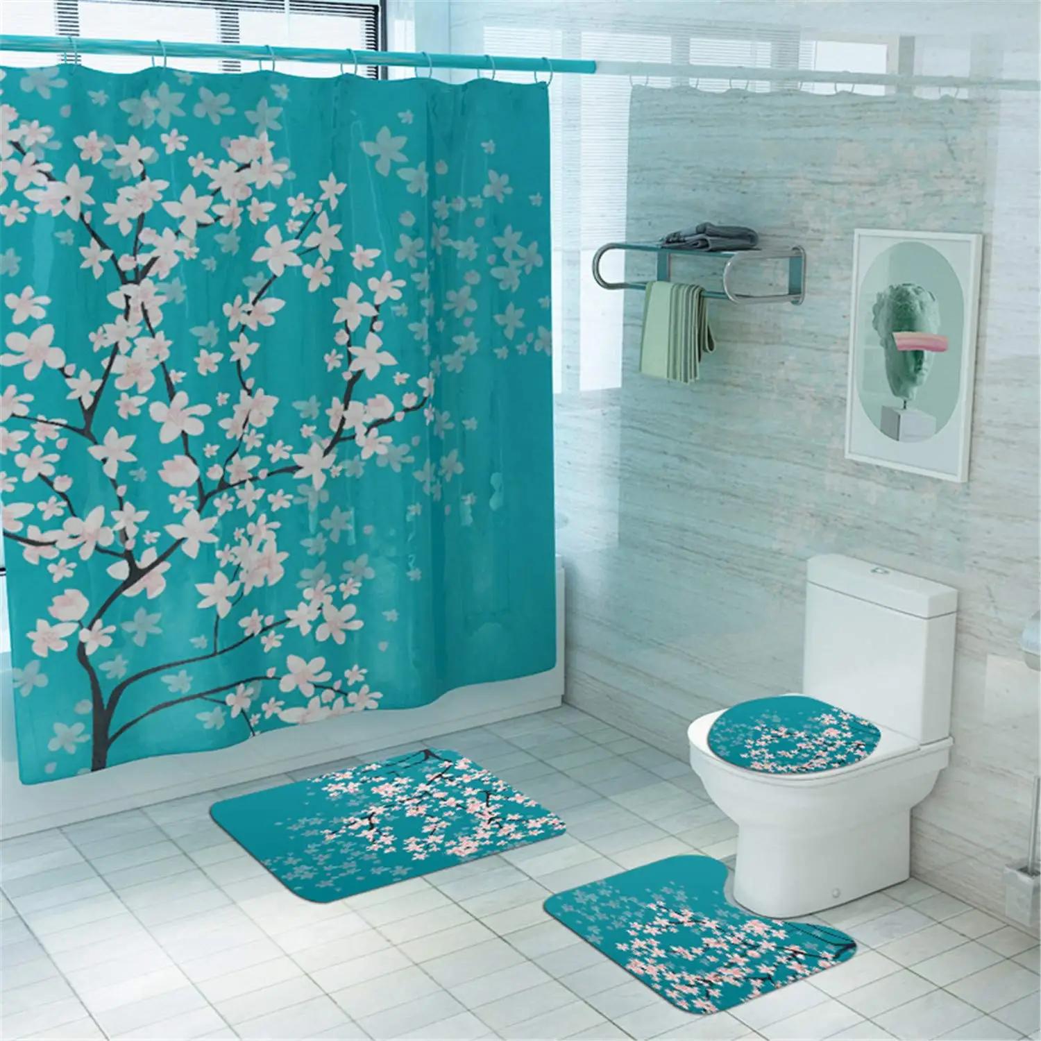 

Cherry Blossoms Print Fabric Shower Curtains Bathroom Curtain Set Flower Anti-Skid Rugs Carpet Toilet Lid Cover Bath Mat Sets W60H190(CM)-1 Pcs