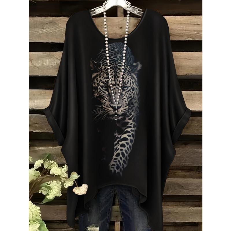 Camiseta de Mujer Moda Leopardo Impresión 3D Tops Verano Sexy Cuello Redondo Manga Corta Camiseta Calle Casual Holgada Ropa de Mujer