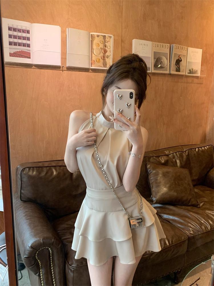 French Chic Sleeveless Halter Top & High-Waisted Ruffle Midi Skirt Set