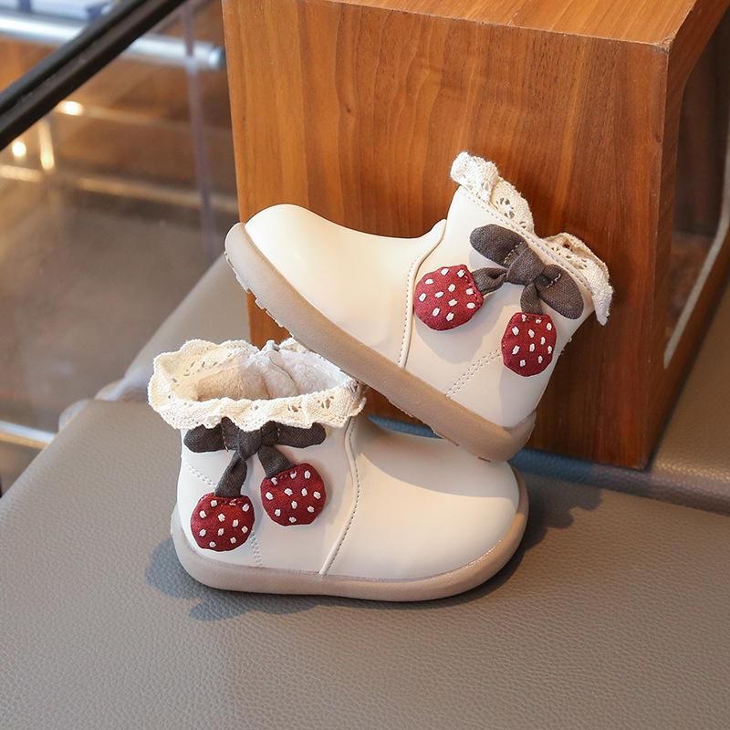 New winter style girls plush-lined warm toddler shoes, Korean version, soft sole, non-slip, lace, stylish and trendy for baby girls 16 бежевый