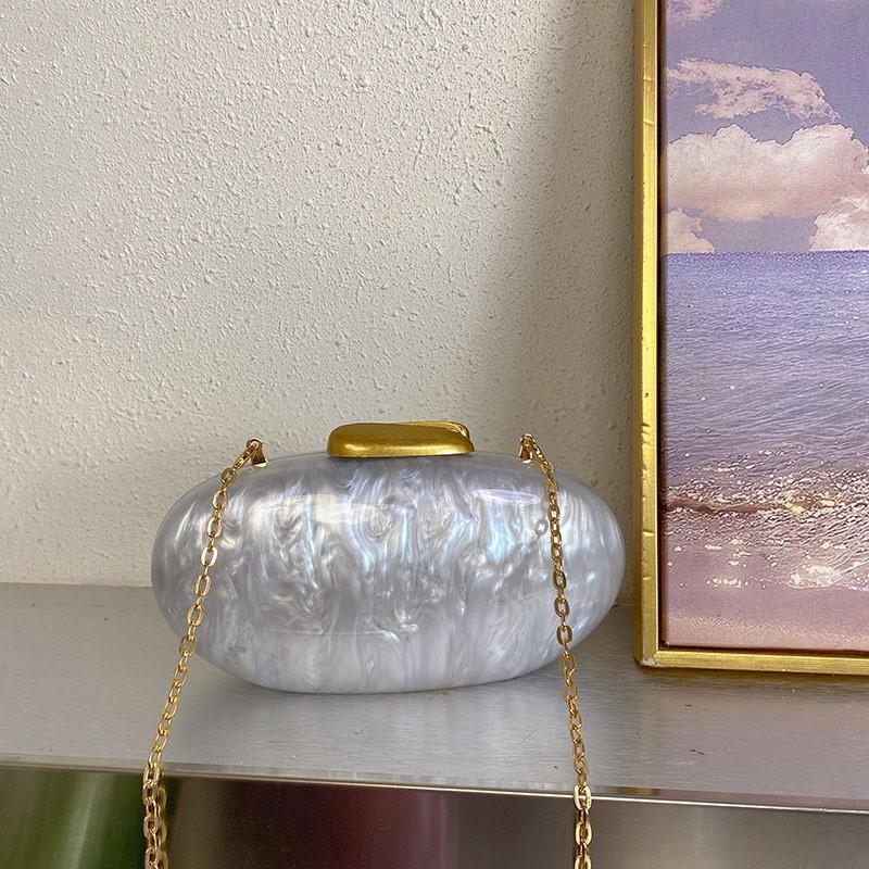 Acrylic Pearl Texture Oval Box Bag Women Minimalist Chic Evening Crossbody With Lock Interior Phone Pocket