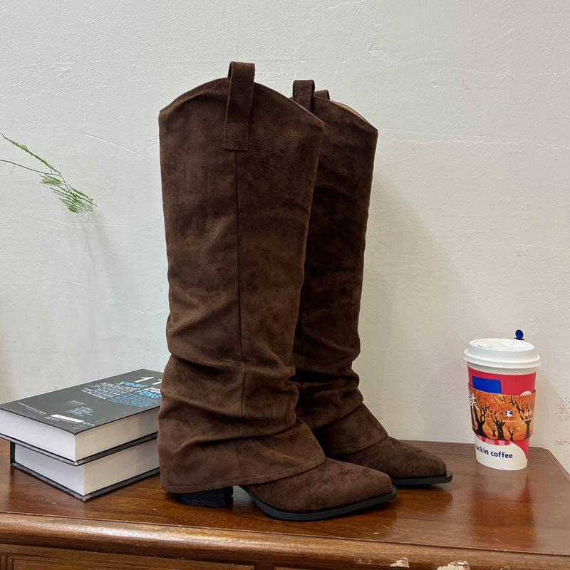 

Pleated trouser boots Maillard coffee high boots women s 2025 new pointed thick heel knight boots but knee boots 40 коричневый