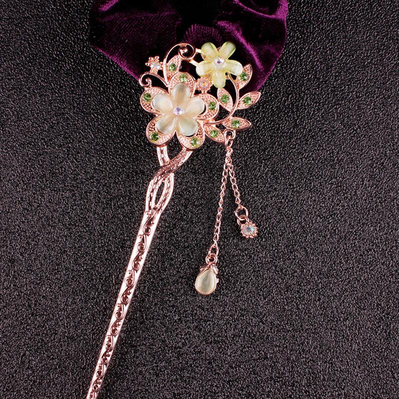 Fashion Metal Chinese Style Hair Stick Flower Rhinestone Hair Chopsticks Hairpin Cat Eye Stone Clip Women Hair Accessories
