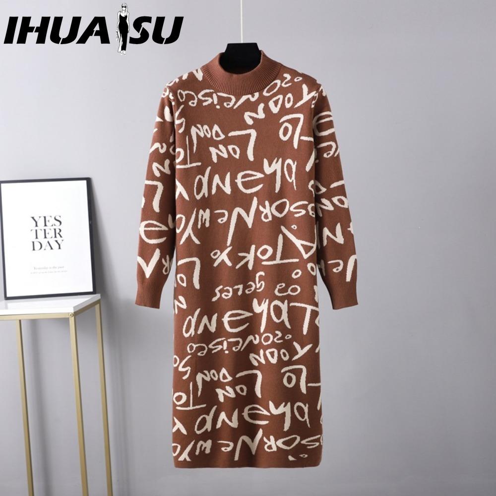 

ИГУАСУ Осень Зима Женский Винтажный Вязаный Свитер-Пуловер с Высоким Воротником и Длинным Рукавом, Платье-Свитер с Буквенным Граффити One size хаки