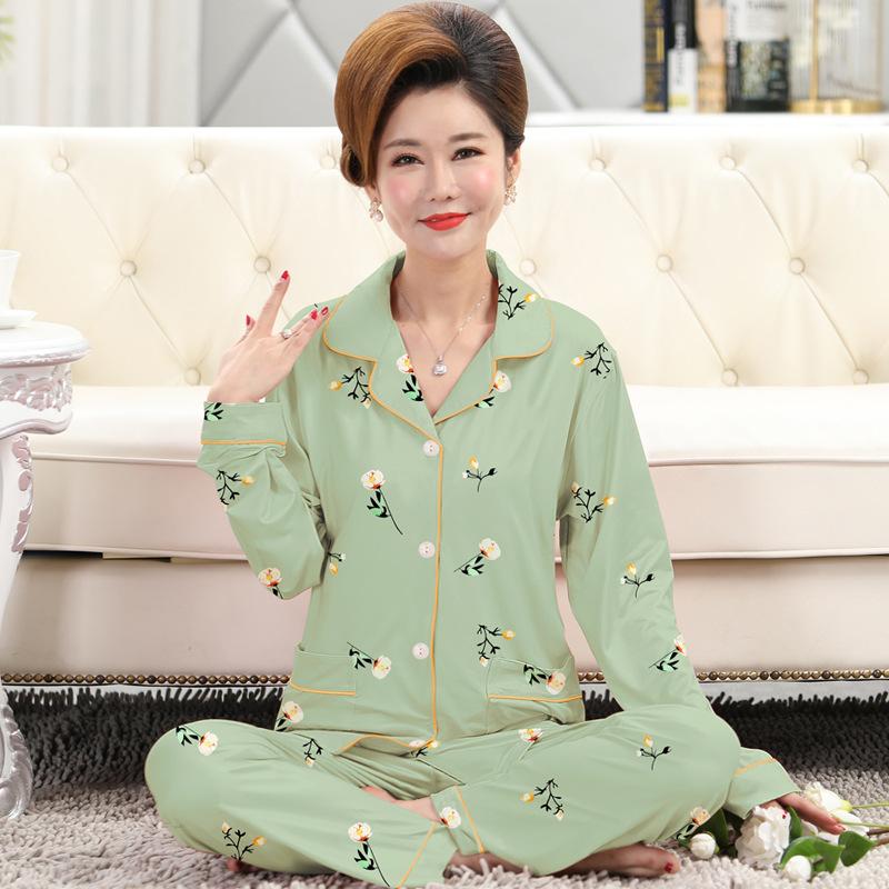 Frühlings- und Herbstpyjama Damen Imitationsbaumwolle langärmelig dünn hochwertig reiche Blume Mutter Loungewear-Set