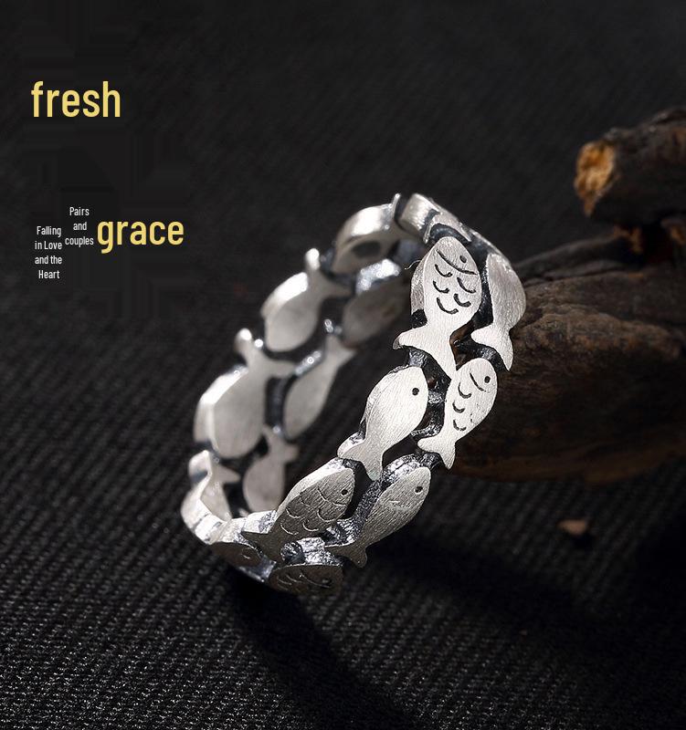 Yintai Fei Thai Abundance Silver Ring: Artistic Fish Motif, Single Loop Thin Band, Fresh and Simple Design