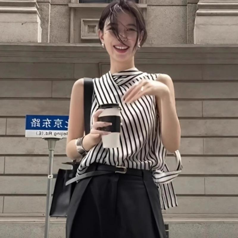Women Mock Neck Striped Sleeveless Blouse With Ribbon S чёрный