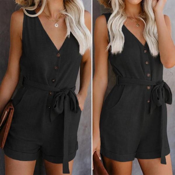 Sommer Damen Casual Schleife Jumpsuit V-Ausschnitt Tanktop Shorts Mode Damen Sommerbekleidung mit Taschen Overalls Reine Farbe Jumpsuit für Damen