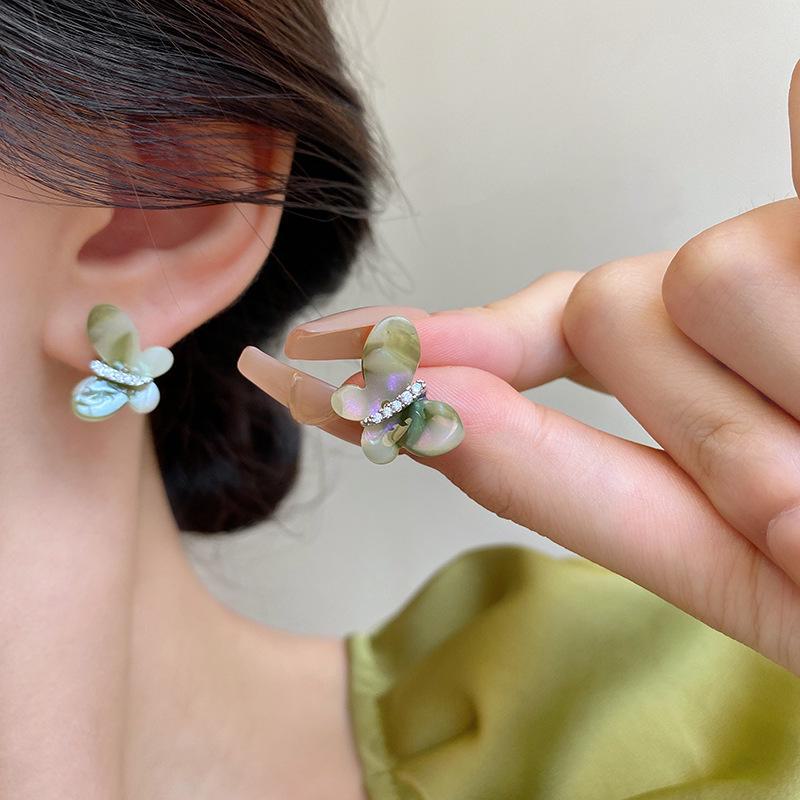 Korean Style Green Butterfly Earrings for Women, S925 Silver, Fresh & Versatile High-End Design