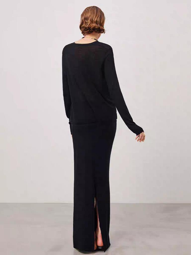 Ultra-Comfortable Knit Wool Blend High-Waist Fishtail Maxi Skirt with Back Slit