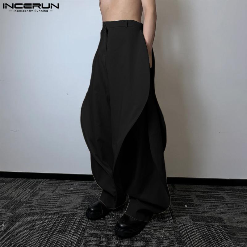 INCERUN Men Zip-up Waist Solid Color Irregular Ruffled Casual Long Harem Pants Trousers