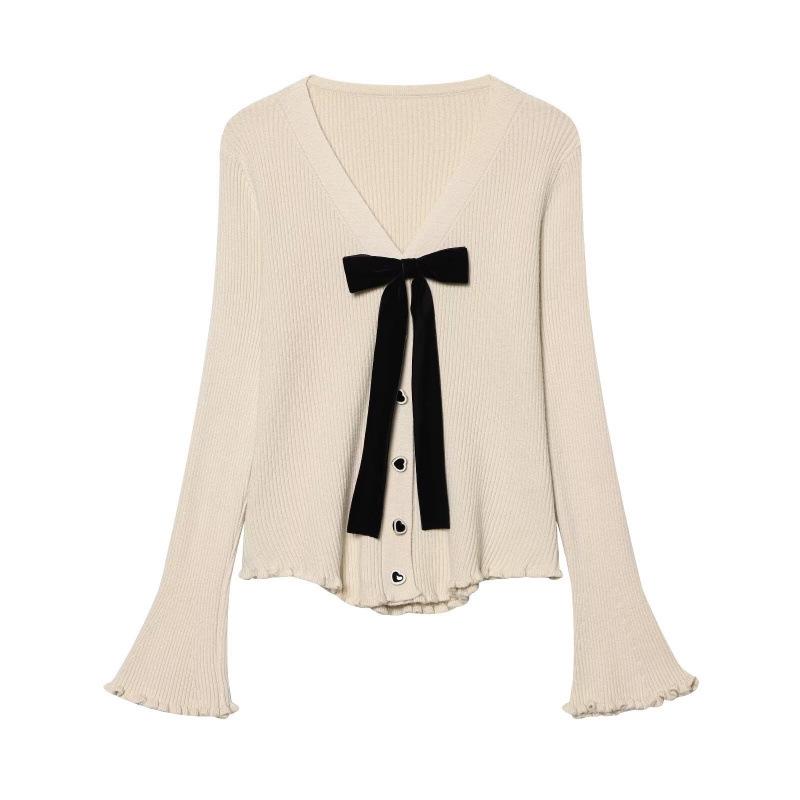 2026 Spring European & American Style Bow Heart Button Knit Cardigan Small абрикосовый