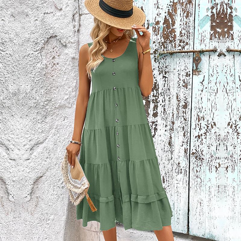 

Женская мода лето весна сплошной цвет печати без рукавов U-образным вырезом повседневные платья XL зелёный