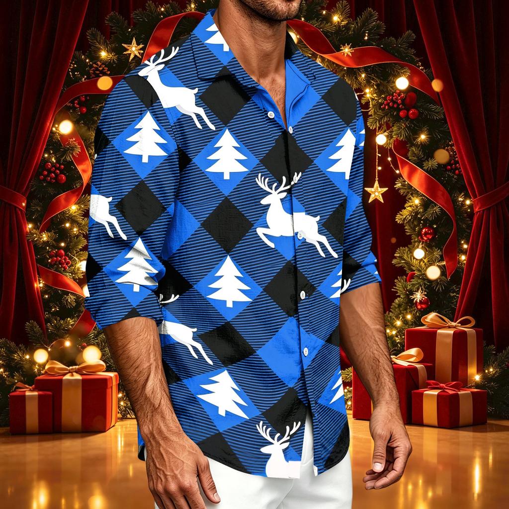 Men's Casual Long Sleeve Christmas Print Shirt for Spring and Fall