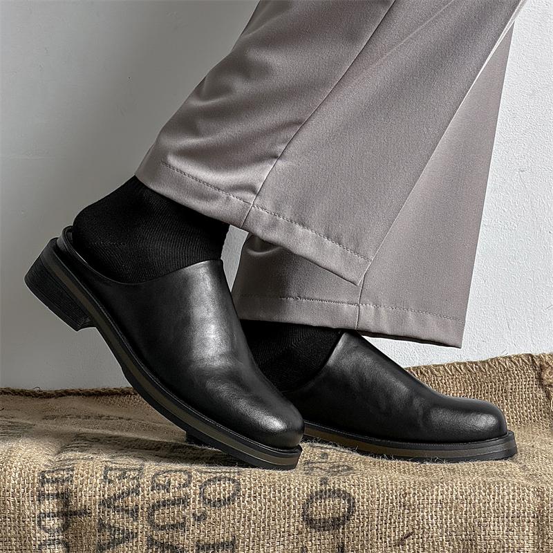 Men's Black Leather Mule Shoes with 4CM Hidden Elevator Insole | Thick Sole Height Increasing Slip-Ons | Breathable Casual Dress