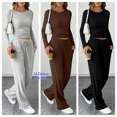 Automne Couleur Unie Cordon de Serrage Manches Longues Jambes Larges Pantalons Costumes Nouvelle Mode Femme Décontracté Sport Deux Pièces Ensemble Décontracté Femme