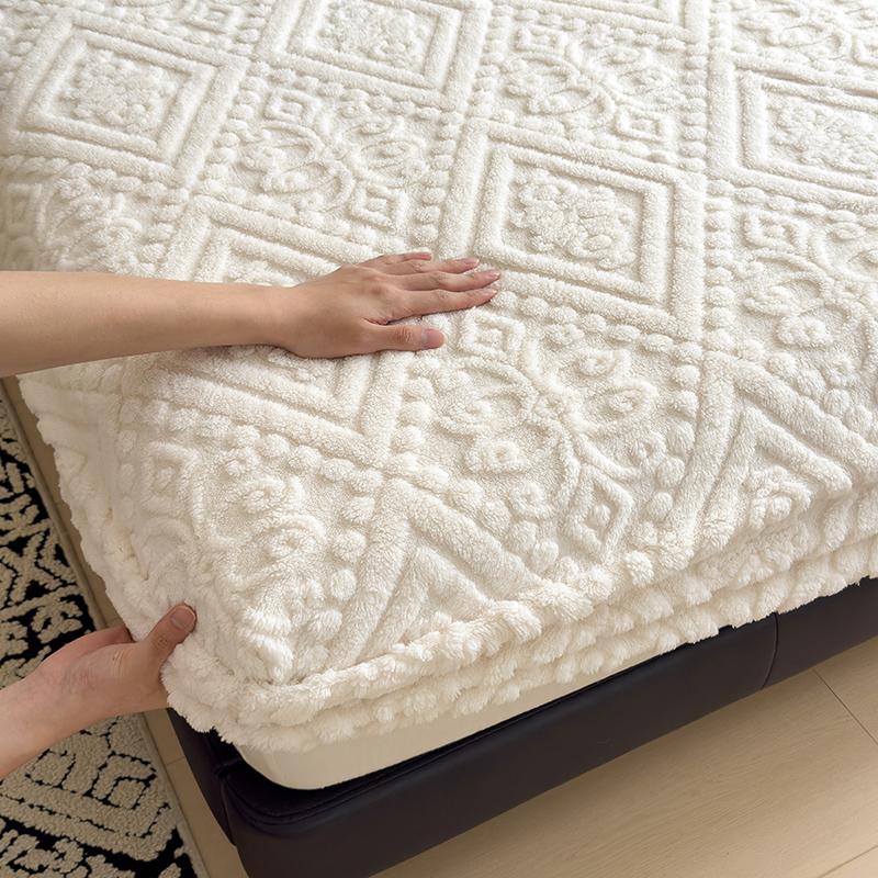 WOSTAR Winter Warm Coral Fleece Fitted Sheet Elastic Mattress Protector Cover Retro Style Bed Linens Luxury Double Bed King Size