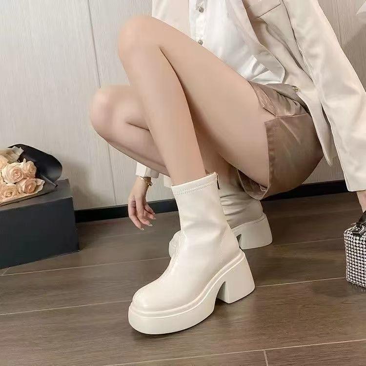 

Women s White Thick-Soled Height-Boost Martin Boots - Autumn/Winter Fashion Elastic Slimming Short Boots 35